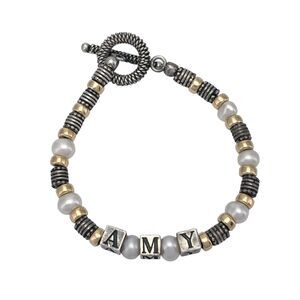Sterling Silver 925 Gold Tone Beaded Pearl "AMY" Name Beaded Bracelet 6.75"